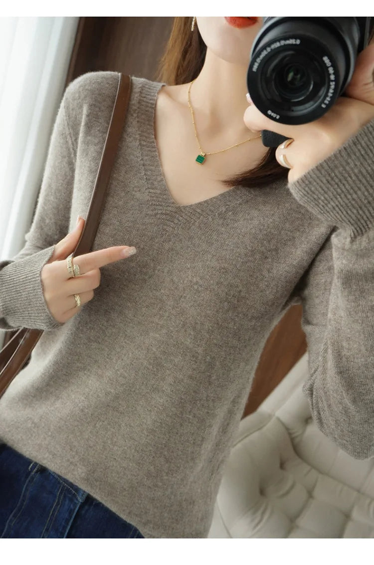 Women's Sweater 2025 Autumn Winter Knitted Pullovers V-neck Slim Fit Bottoming Shirt Solid Soft Knitwear Jumpers Basic Sweaters