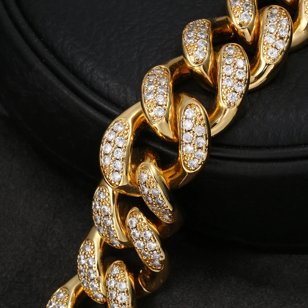 Trendy Hip Hop Baguette Zircon Cuban Chain Bracelet 22cm 18K Gold Plated Unisex Gift Jewelry