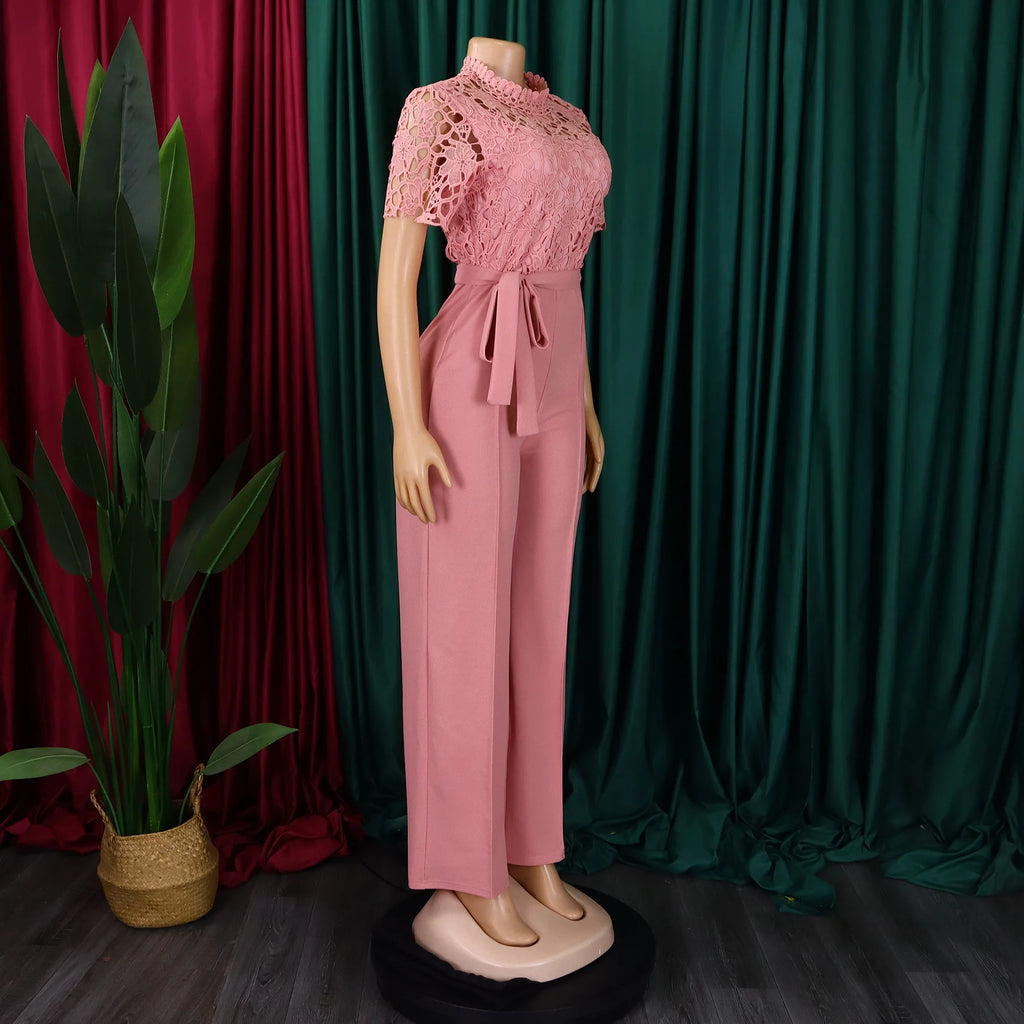 D509 Latest Design Sexy Lace Jumpsuit for Women Hollow Out Short Sleeve Tie up High Waist Wide Leg Jumpsuits for Ladies