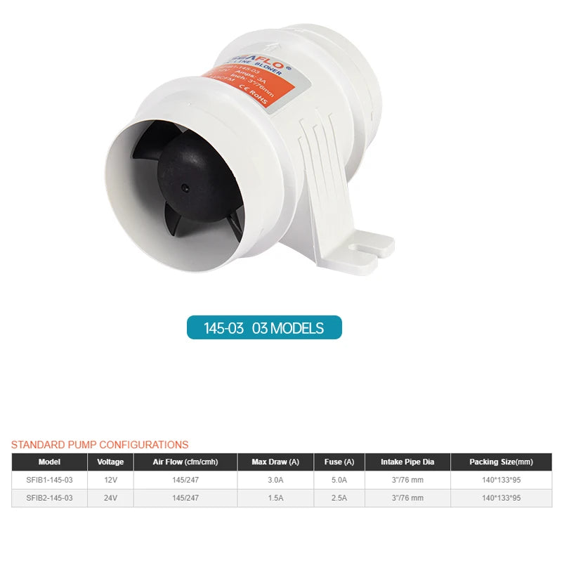12V/24V 40A  ABS Quiet Air Blower Water Resistant High Air Flow In-Line Blower Marine Bilge Boat Blower Motor Plastic