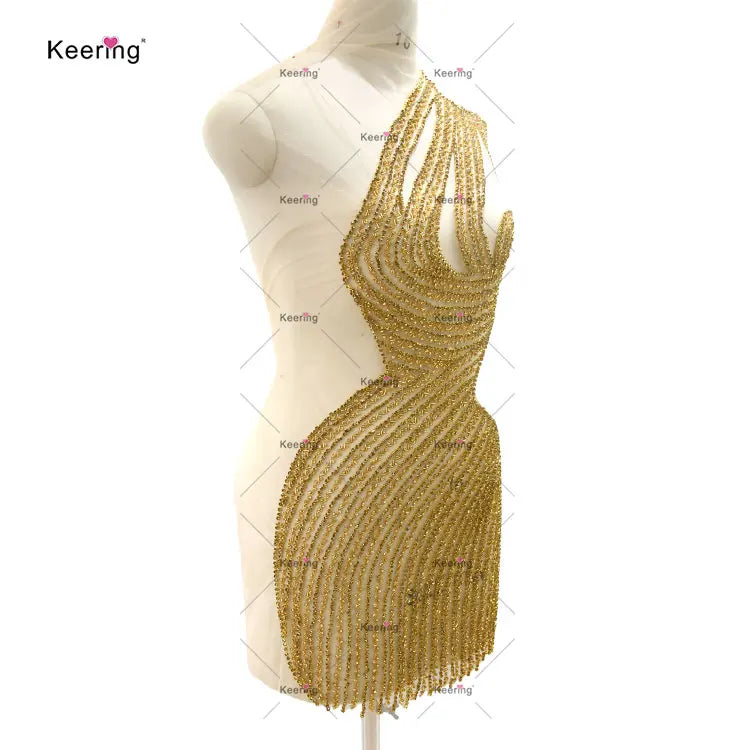 Custom Gold Crystal Rhinestone Applique Tailor Handmade Sewing Accessories for Wedding Gown WDP-516