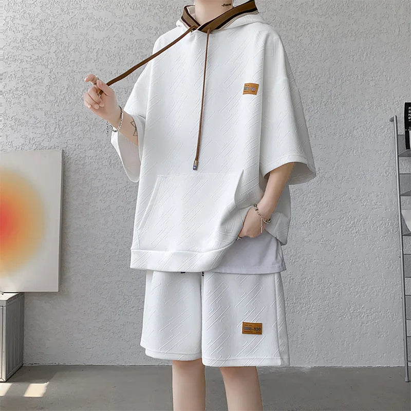 Support Customization of One Item Summer Short Sleeved Hooded T-shirt Set, Casual and Trendy Plus Size Men's Two-piece Set