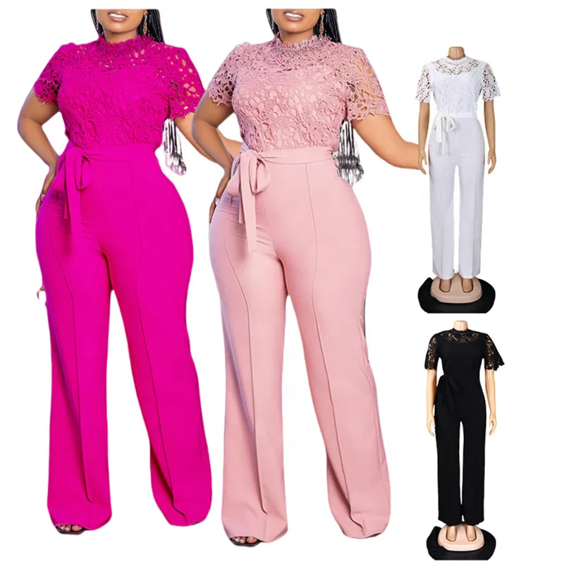 D509 Latest Design Sexy Lace Jumpsuit for Women Hollow Out Short Sleeve Tie up High Waist Wide Leg Jumpsuits for Ladies