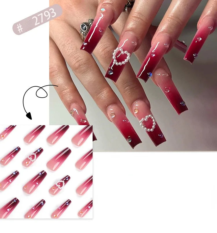 Dropshipping 24 Pcs French Style Romantic Art Acrylic Press on Nails Artificial Fingernails Candy False Nails Dating  Party 2792
