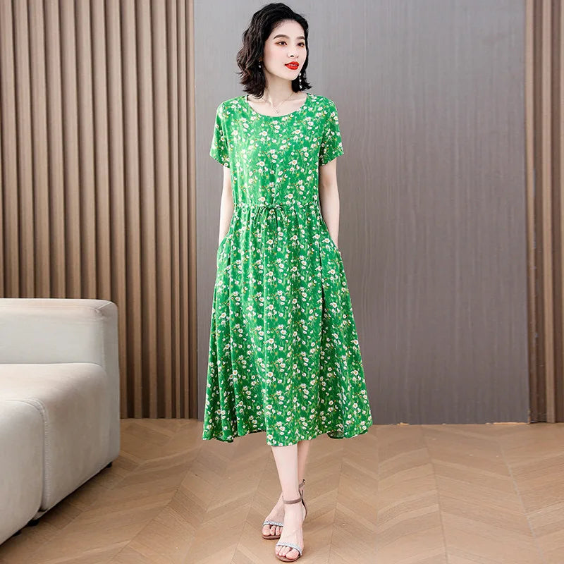 Women Floral Printed Summer Dresses O-neck Short Sleeve Fashion Printing Women's Simple Flower A-line Casual Dress