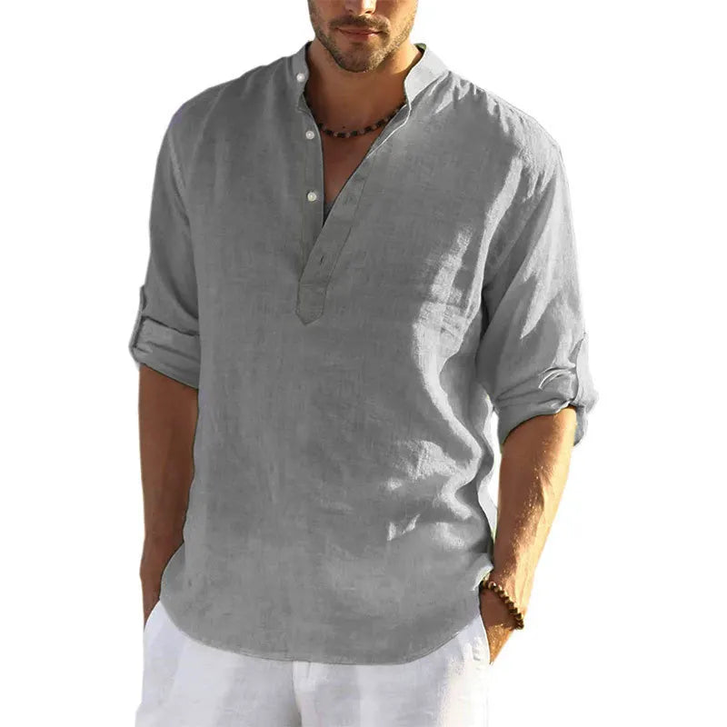 New Men's Casual Blouse Shirt Loose Tops Long Sleeve Tee Shirt Handsome Men's Cotton Slim Fit Linen Shirts