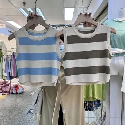 2024 Summer Women's Short Knitted Striped Ribbed Tank Top Breathable and Sustainable