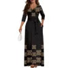 New Wholesale Customized Polynesian Tribal Printed Lace-Up Long Maxi Dress Side Pocket Plus Size Women Casual Dresses With Belt