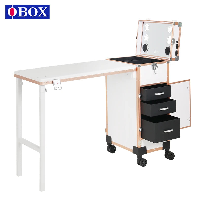OBox Portable Wood Metal Makeup Rolling Case Manicure Dressing Desk Individual Compartments Foldable Modern/Classic Nail Table