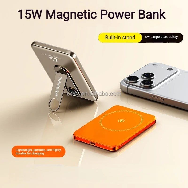 Ultra-Slim Aluminum Magnetic Wireless 5000mAh High Capacity Power Bank with LED Digital Display 15W Fast Charging 2-in-1
