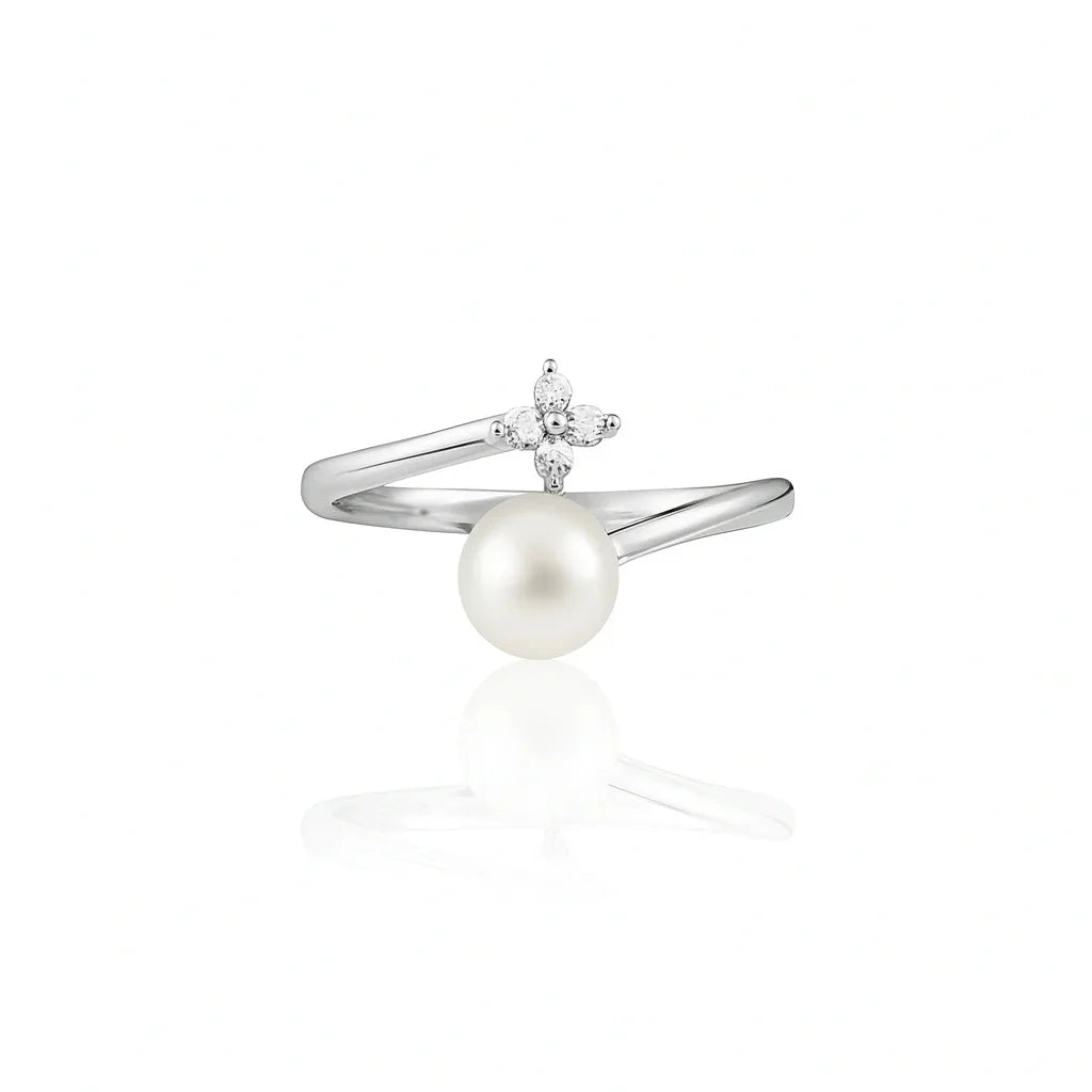 Women's Silver Classic Heart-Shaped Pearl Ring Rose Gold/Platinum Plated Elegant Pearl Set Sleek Band Wedding Engagement Gift