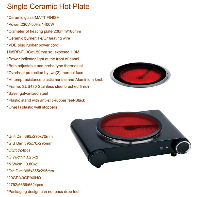 Single Burner Electric Hot Plate Coil CB CE Certified Metal Housing Cast Iron Surface Energy Efficient Class Temperature Control