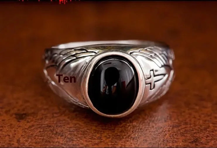 BOCAI Vintage Thai Angel Wing Cross S925 Silver Rings for Men Women Natural Black Agate Trendy Birthday Gifts Heart Pattern