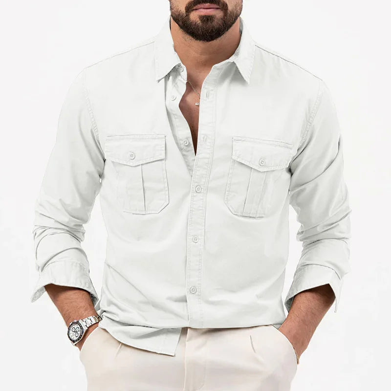 Spring Summer New European and American Men's Solid Color Shirt Multi-pocket Casual Long-sleeved Shirt