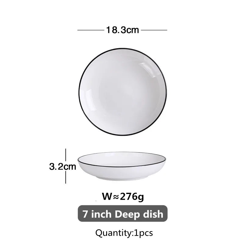 Black Rim White Ceramic Dinner Tray, Kitchen Plate, Tableware, Food Dishes, Soup Bowl,  Kitchen Cook Tool, 1 Piece Sale