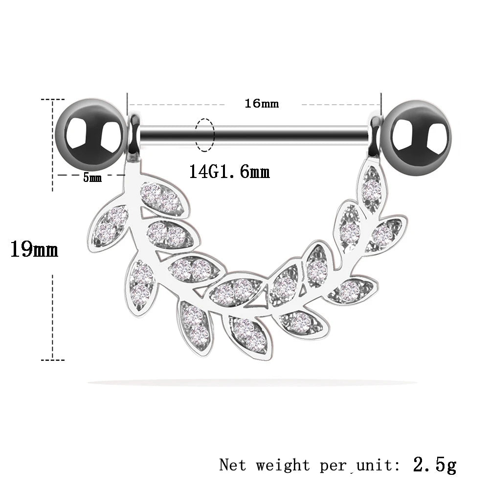 Trendy Nipple Rings 14 G Body Jewelry Piercing Shiny Tongue Nose Ring Barbell Leaf Shape Rings Stainless Steel for Women Girls