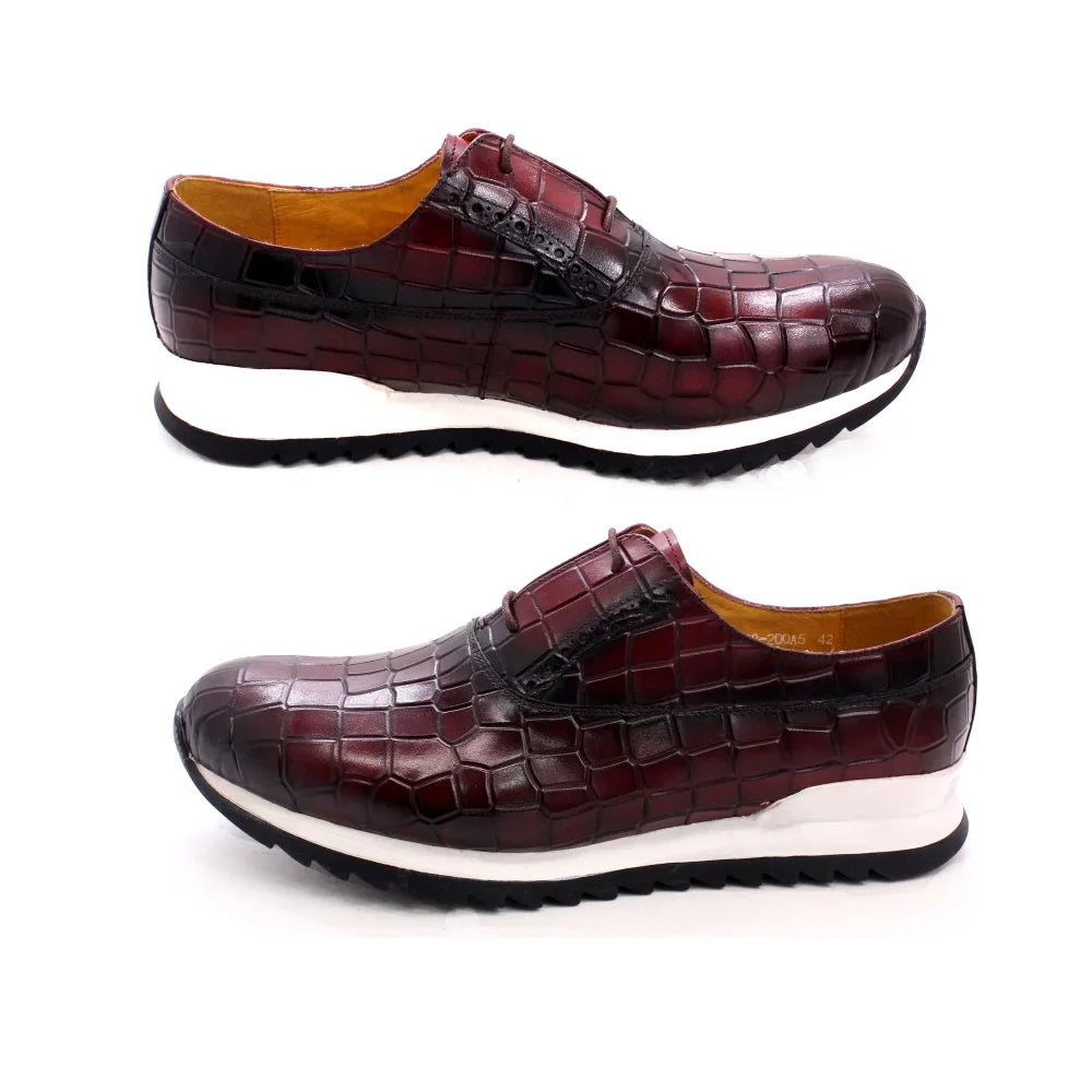 Premium Quality Handmade Italian Men Oxford Sneakers Shoes Genuine Leather Print Lace-Up Casual Shoes