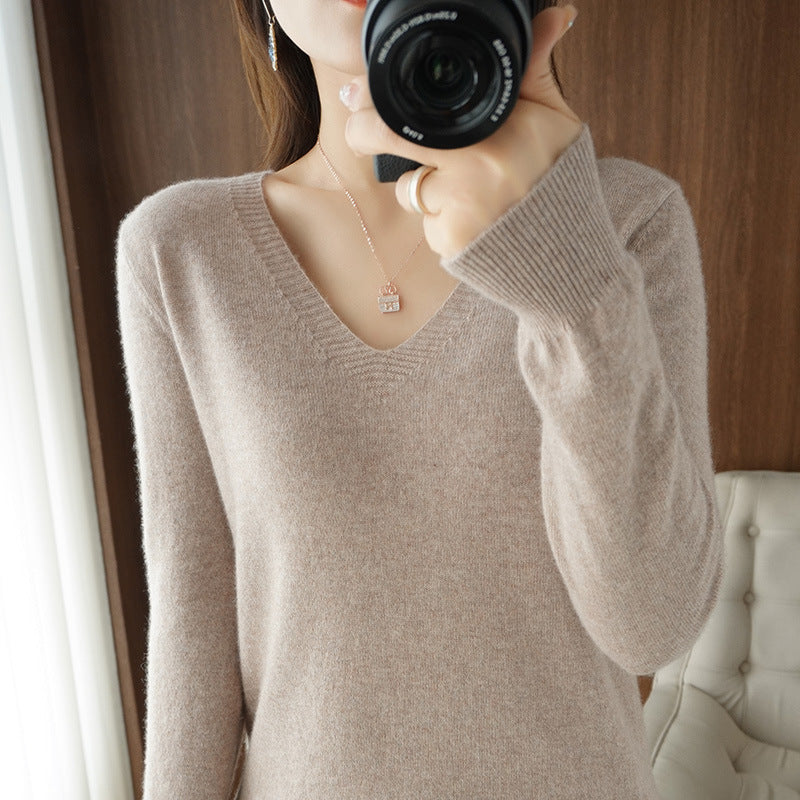 Women's Sweater 2025 Autumn Winter Knitted Pullovers V-neck Slim Fit Bottoming Shirt Solid Soft Knitwear Jumpers Basic Sweaters
