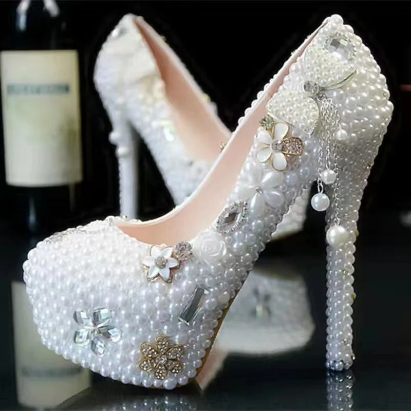 BS031 White Color Rhinestone Pearls Wedding High Heel Shoes Women up Heel Platform Shoe Size 35-42 Lady's Party Shoes 14cm Heels