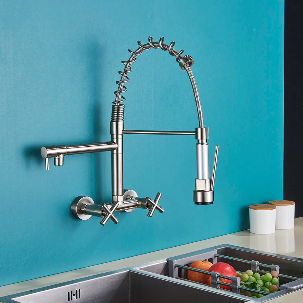 Chrome Spring Kitchen Faucet 360 Rotation Pull Down Hand Sprayer with Buckle Kitchen Taps Wall Mounted Cold Hot Water Mixer Taps