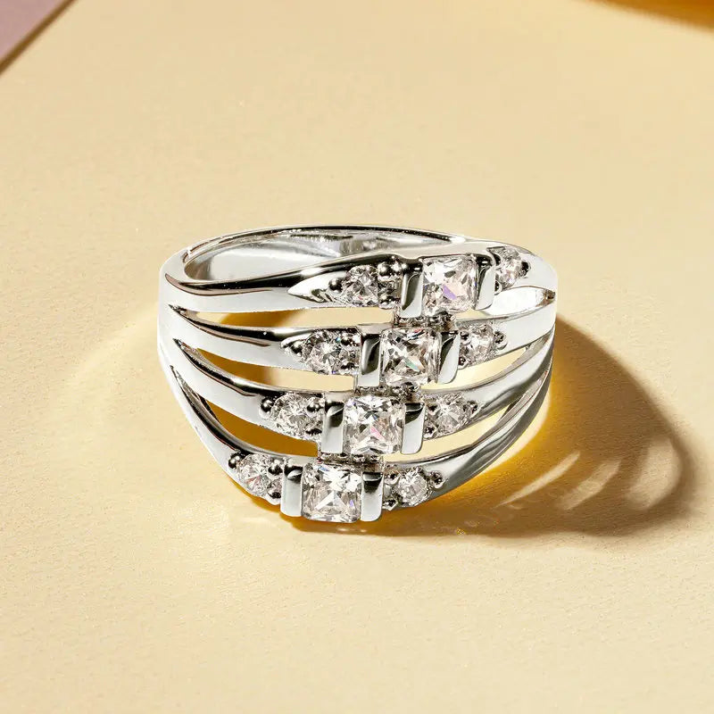 Wholesale New Trendy Ring 14K Gold Filled Zircon Rings Fashion Jewelry Four Rows Laminated Unisex Engagement Gift Party Wedding