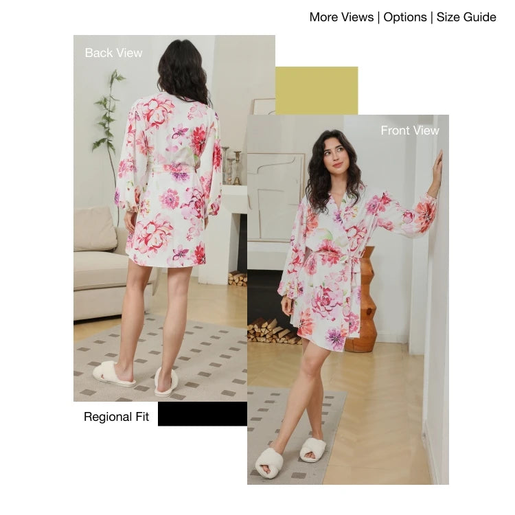 FUNG 8008 Watercolor Floral Bridesmaid Satin Robe, Puff Sleeve Bachelorette Party Kimono