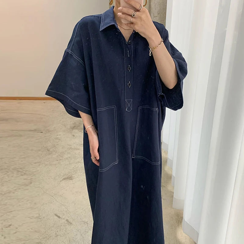 Wholesale 2026 Spring New Fashion Retro Classic Polo Collar Open Line Design Straight Loose Five-point Sleeve Denim Women Dress