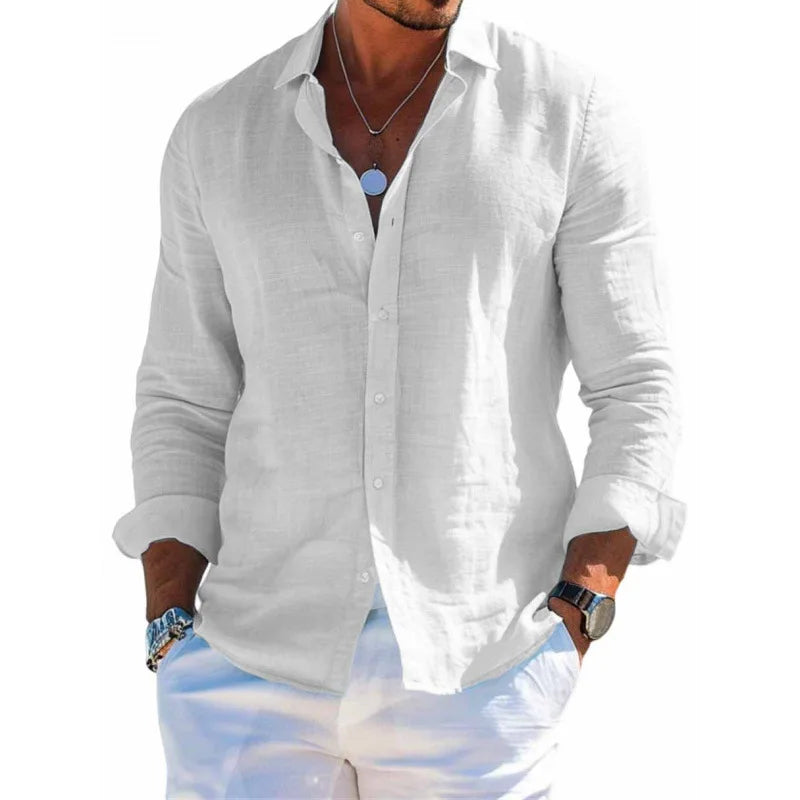 Summer Men's Solid Fashion Versatile Shirt Beach Shirts Men Long Sleeved Cardigan Tops Turn Down Collar Slim Fit