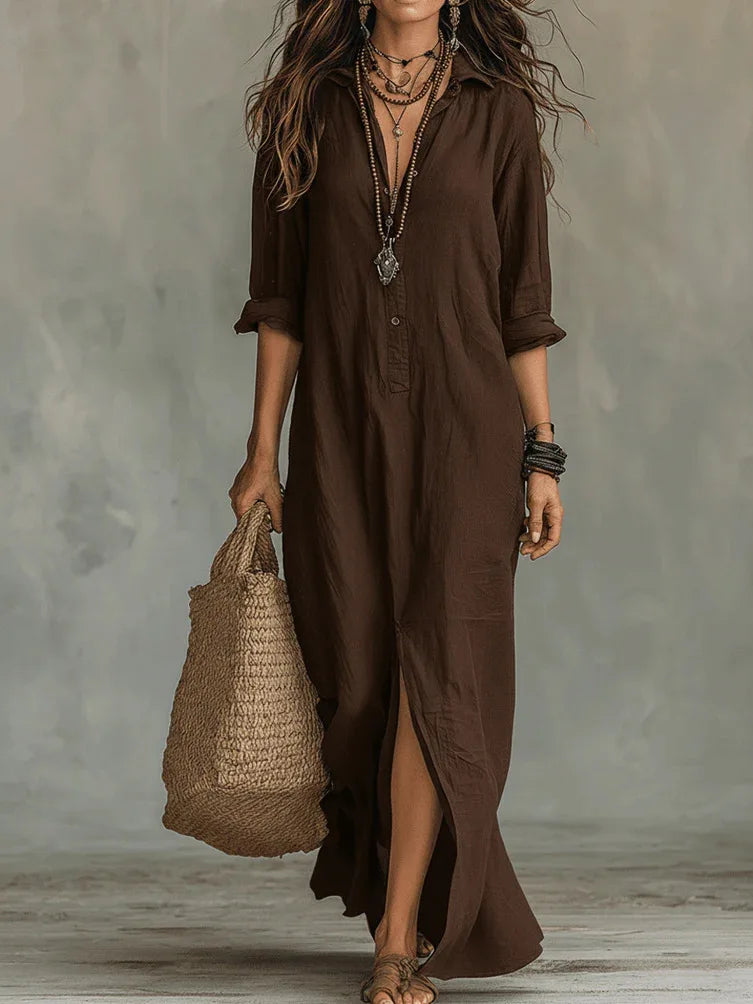 2026 European American Spring/Summer Women's Halter Neck Maxi Solid Color Collar Front Split Casual Breathable Eco-Friendly