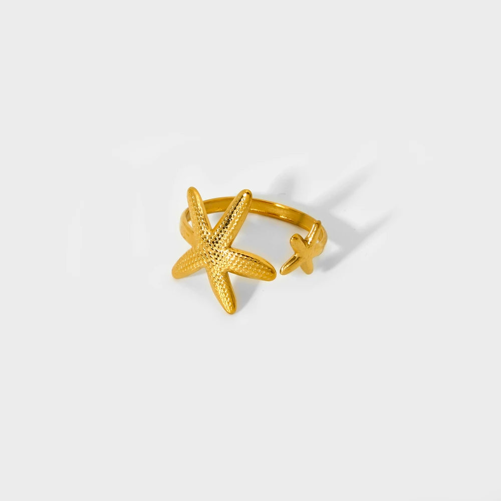 Geometric Jewelry 18K Gold Plated Finger Ring Stainless Steel Chain Starfish Ginkgo Leaf Layer Opening Stacking Rings Gift