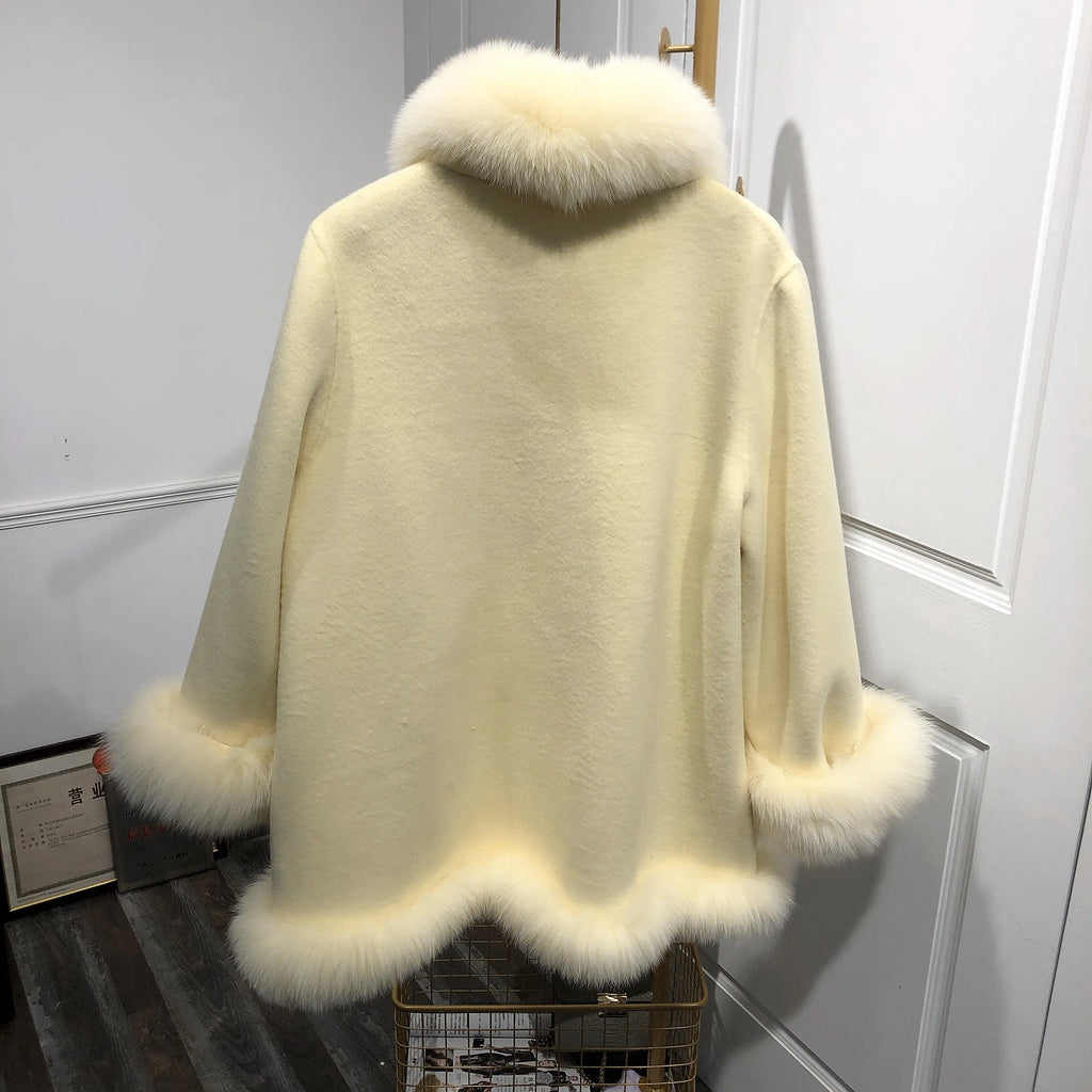 White fox Fur Trim Woolen Overcoat Female Winter Thick Clothes Long High-end Slim Cashmere Coat With Fox Fur Collar Cuffs