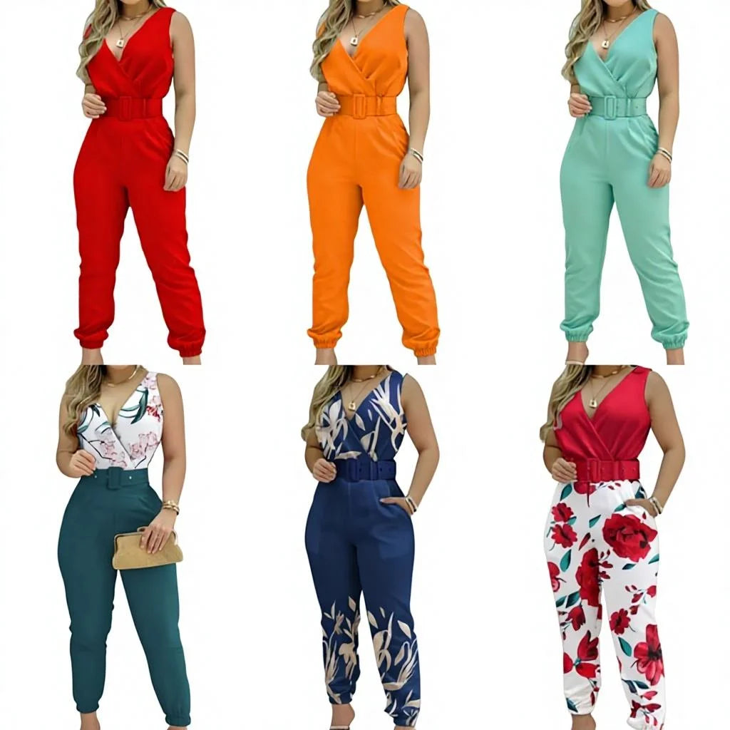 XY1012 2022 New Arrivals V-neck High Waist Backless Printed Jumpsuit Women Summer Jumpsuits With Belt