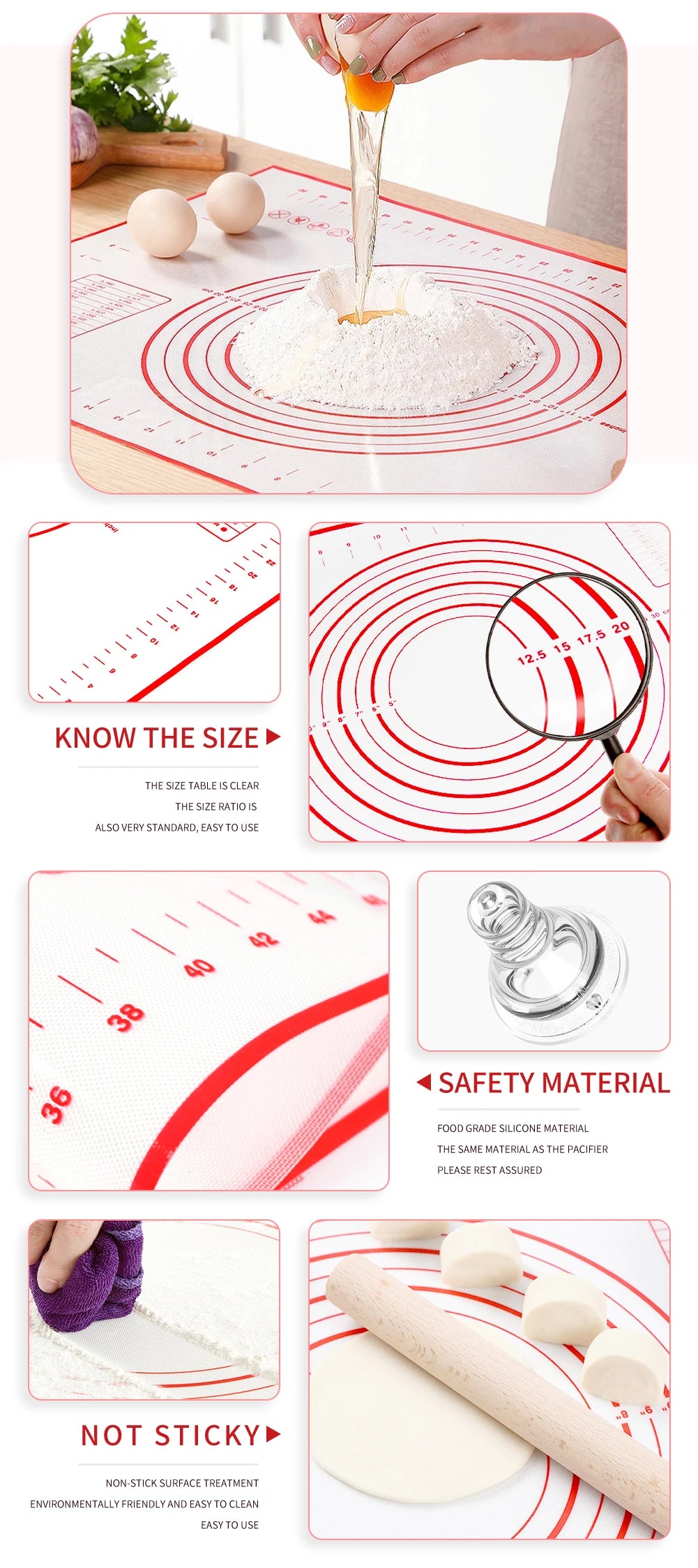 80/70/60cm Large Silicone Rolling Dough Mat Non-Stick Pizza Pastry Baking Mat Oven Sheet Liner Non-Slip Placemat Kitchen Gadgets