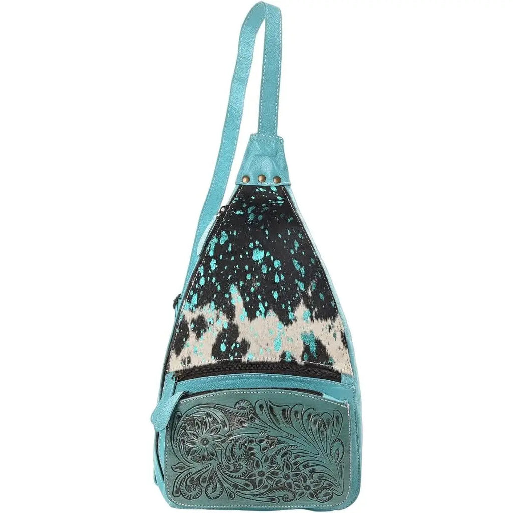 Unisex Cowhide Hair On Leather Sling Backpack Hand Tooled Western Crossbody Arm Bag