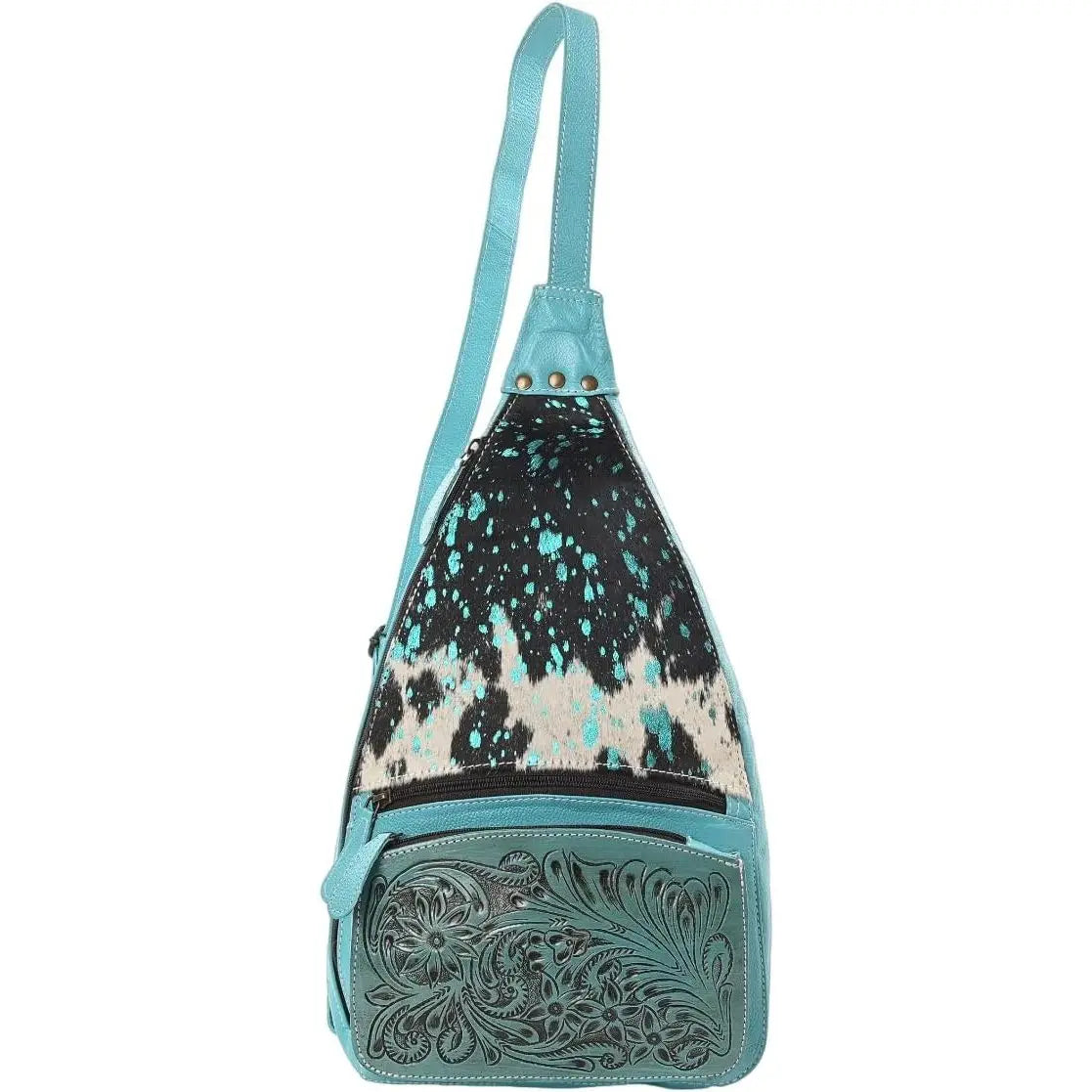 Unisex Cowhide Hair On Leather Sling Backpack Hand Tooled Western Crossbody Arm Bag