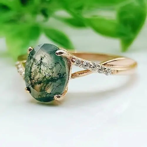 Oval Cut Moss Agate Ring 925 Sterling Silver Rose Gold Plated Promise Ring Delicate Prong Set Engagement Ring