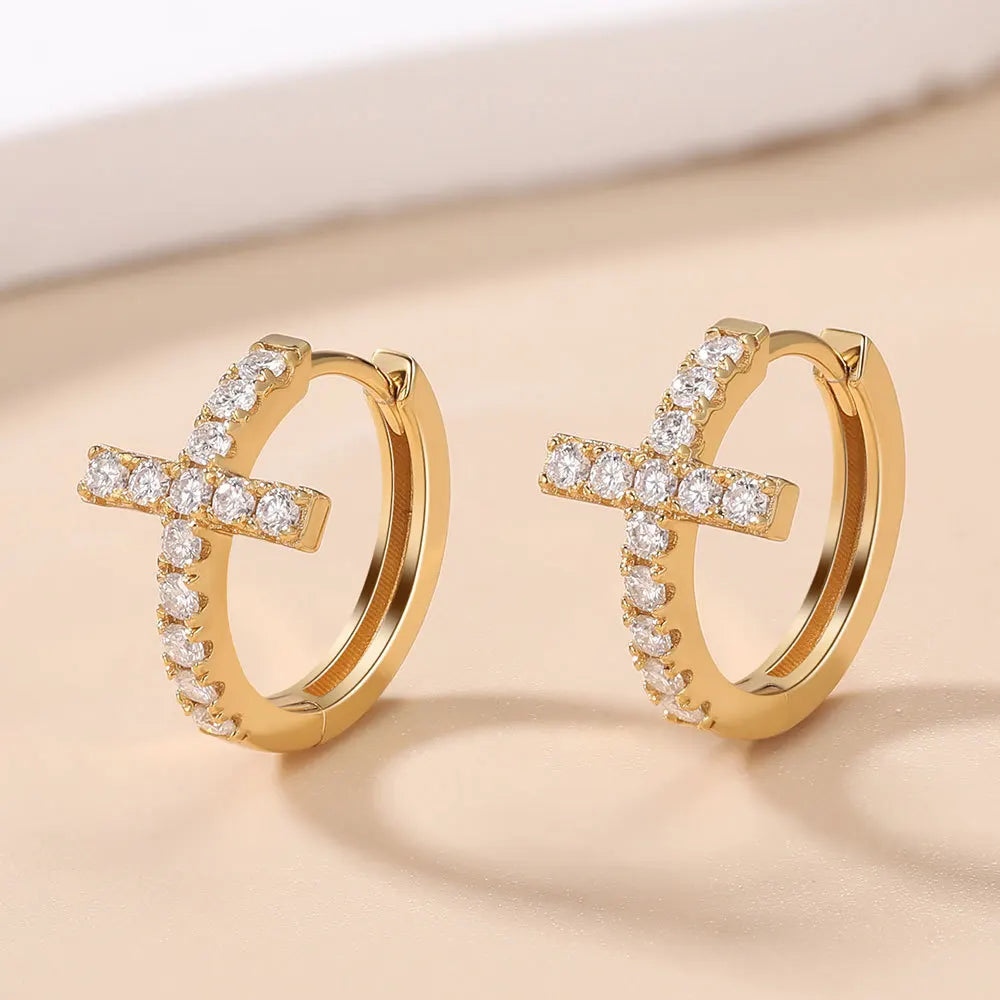 Unique 0.442 Carat Moissanite Accented Cross Ear Jackets, S925 Silver 18K Gold Plated Luxe Hoops, Drop Shipping