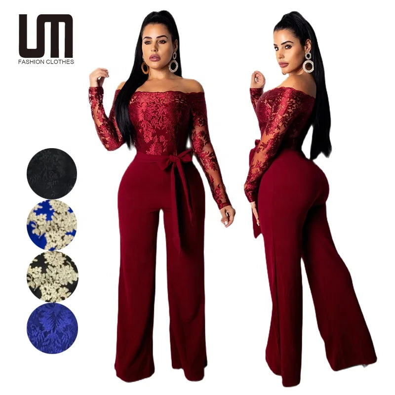 OEM ODM Women Clothing Elegant Overalls Off Shoulder Slash Neck Embroidery Lace Office Casual Jumpsuit