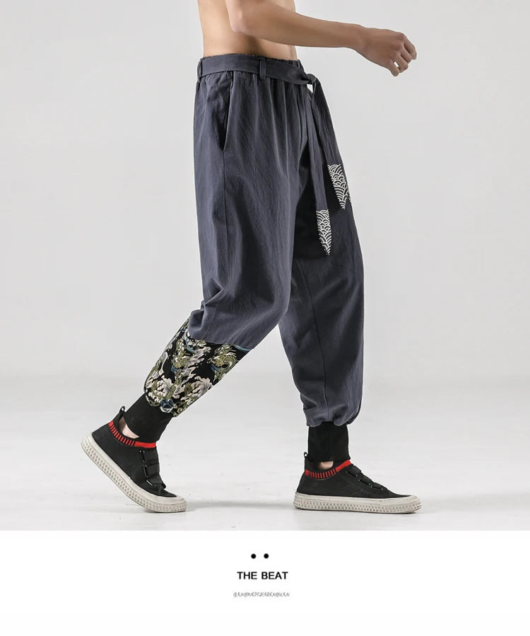 2024 Autumn Men Linen Harem Pants Mens Vintage Chinese Style Cotton Trousers Man Streetwear Pants Male Print Cross Crotch Pants