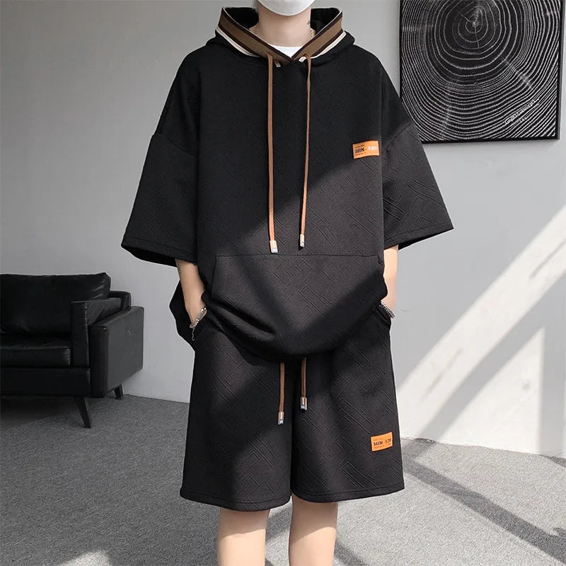 Support Customization of One Item Summer Short Sleeved Hooded T-shirt Set, Casual and Trendy Plus Size Men's Two-piece Set