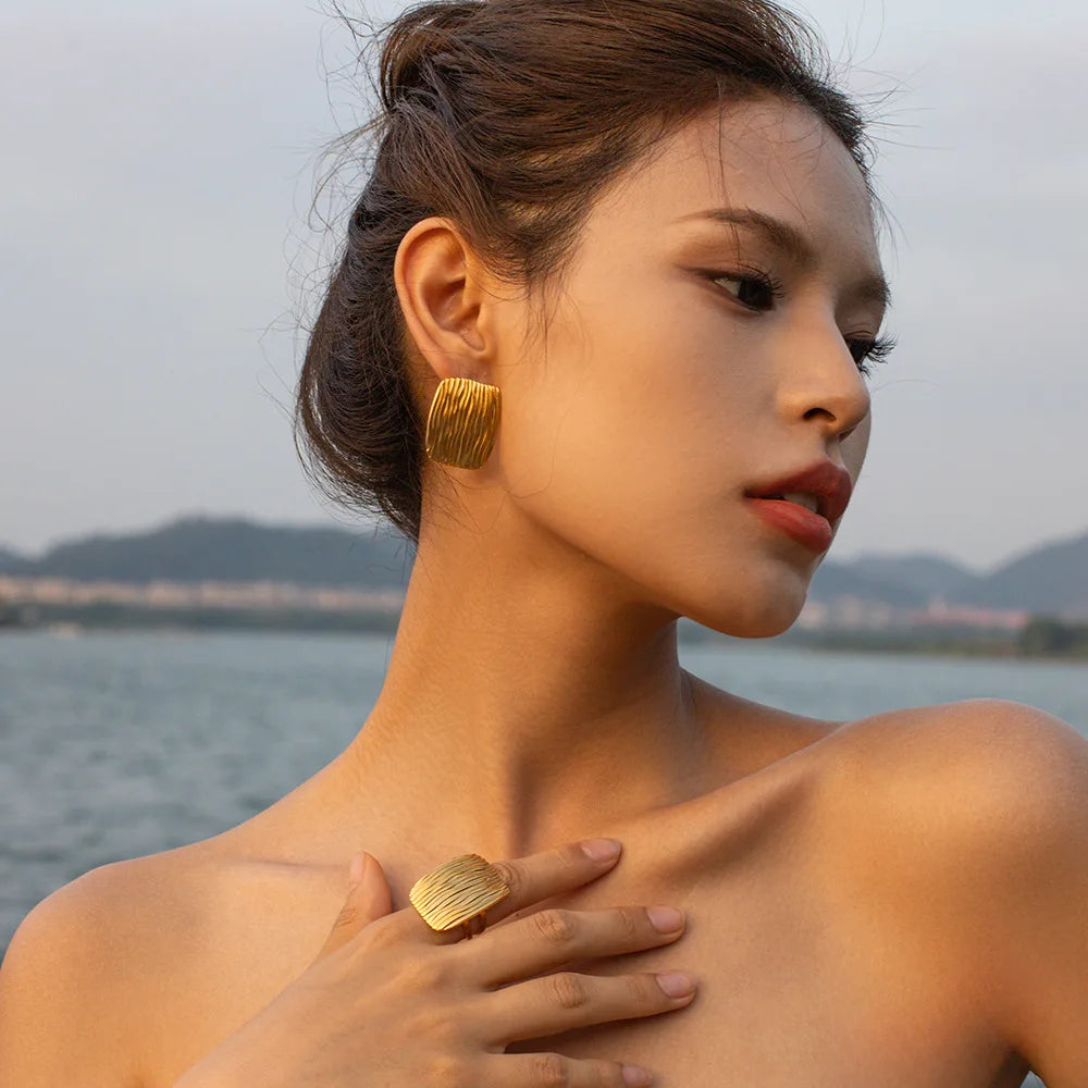New Arrival Jewelry Waterproof Stainless Steel 18K Earring Ring Gold Plated Ball Bead Cuff Earrings Rings for Women