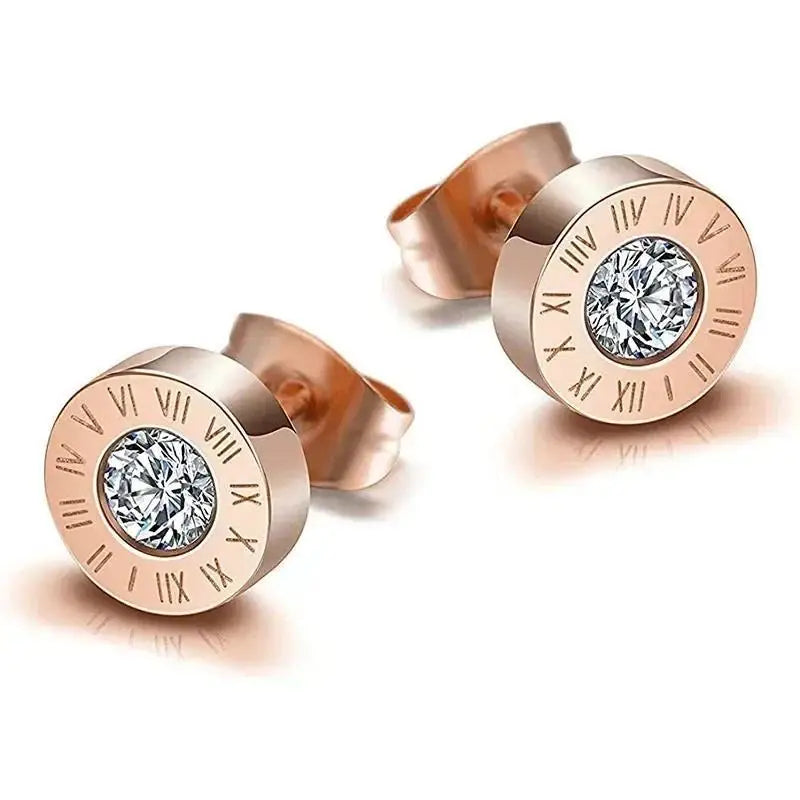 Fashion Chic Stainless Steel  Crystal Stud for Women Men Jewelry Vintage Roman Numerals Small Earring
