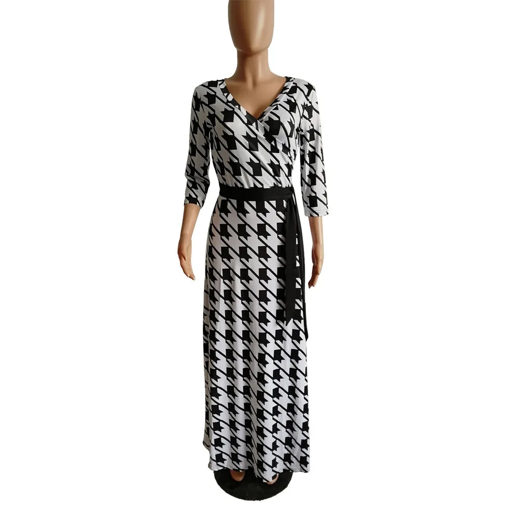 Autumn Fashion Plaid Printed Long Swing Dress Vintage Style Sexy Deep V Quarter Sleeve Boho Maxi Dress ESMR8834