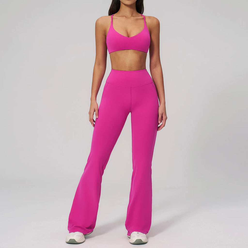 Women's 2-Piece Sports Bra Set Beautiful Back Basic Flare Leg Nude Feel Butt Lifting Customized Logo Gym Fitness Sets