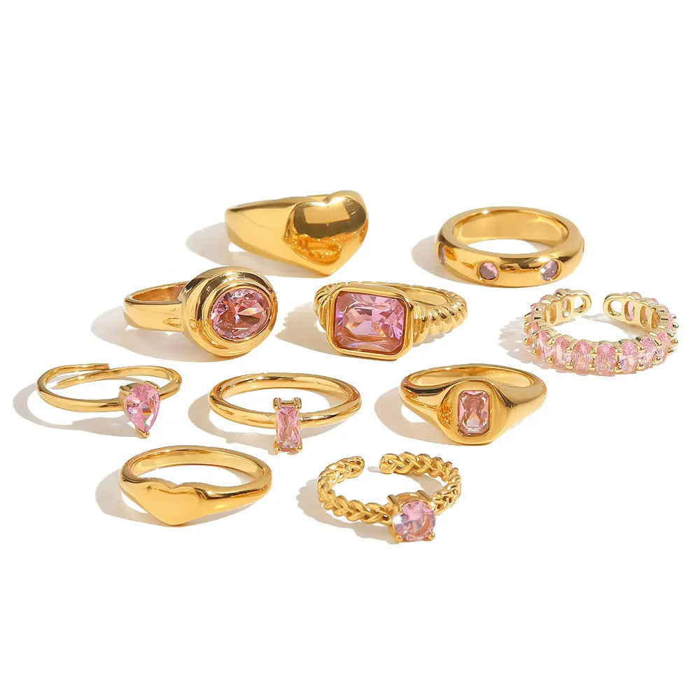 RFJEWEL Shiny Stainless Steel Gold Plated Rings with CZ Stones Adjustable Rings Pink Stone Simple Rings