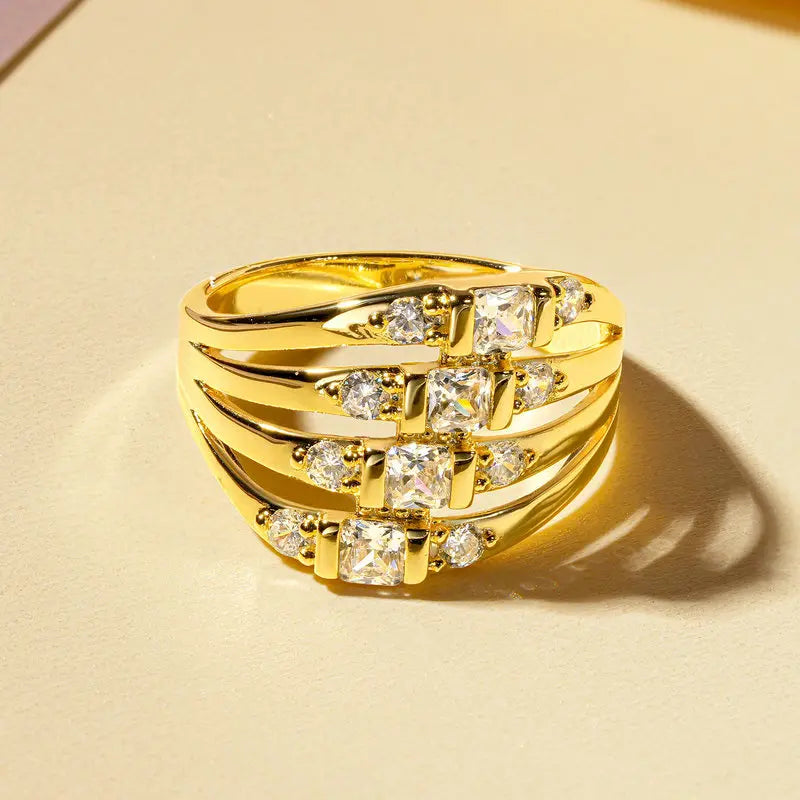 Wholesale New Trendy Ring 14K Gold Filled Zircon Rings Fashion Jewelry Four Rows Laminated Unisex Engagement Gift Party Wedding