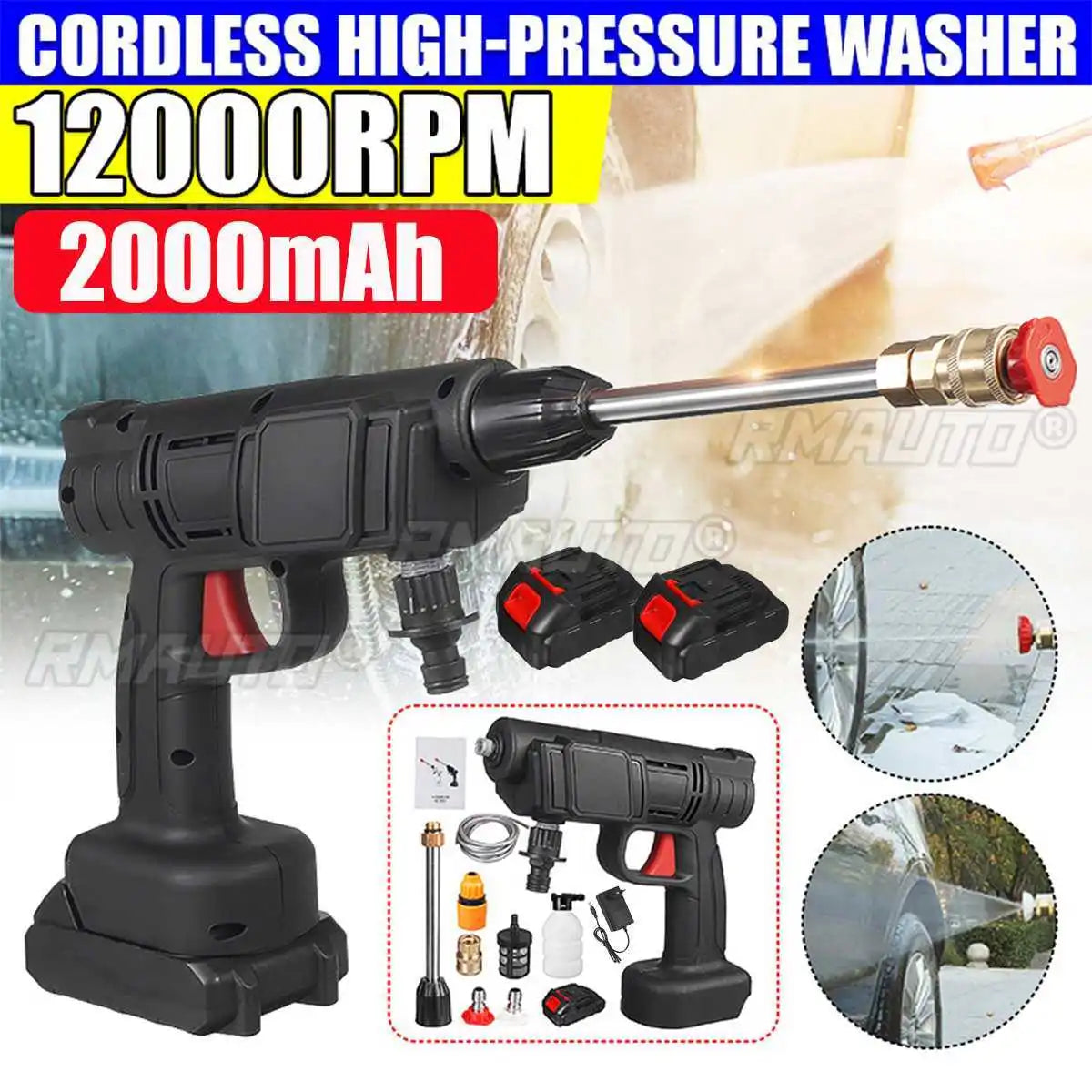 2000mAh Cordless High Pressure Washer Spray Water Gun Car Wash Pressure Water Nozzle Cleaning Machine for Makit 18V Battery