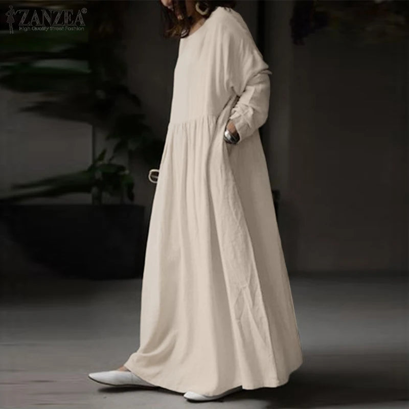 Autumn Women Sundress ZANZEA 2023 Vintage Solid Dresses Female Cotton Robe Casual Long Sleeve Pleated Maxi Vestidos Kaftan
