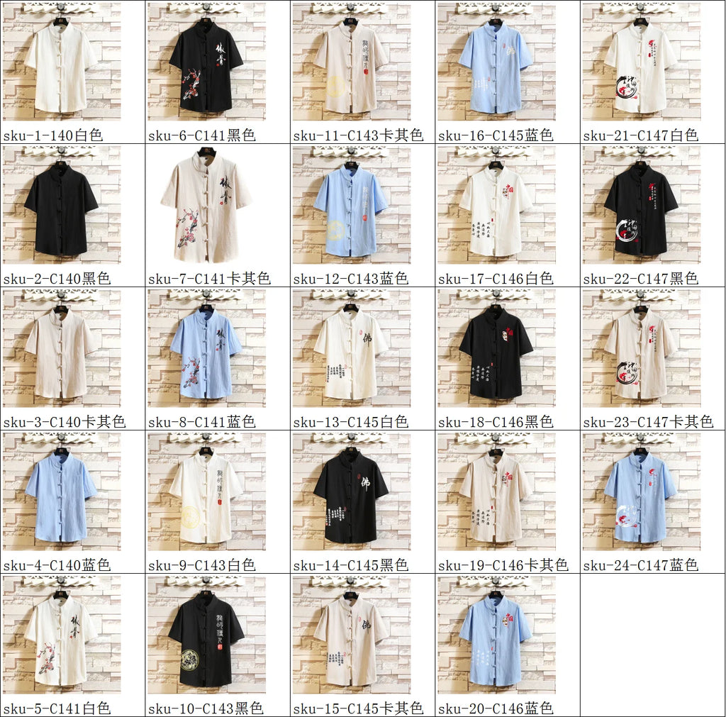 10%OFF M-5XL Summer Chinese Monsoon Cotton and Linen Casual Loose Stand Collar Short-sleeved Shirt Buckle Retro Printed Shirt