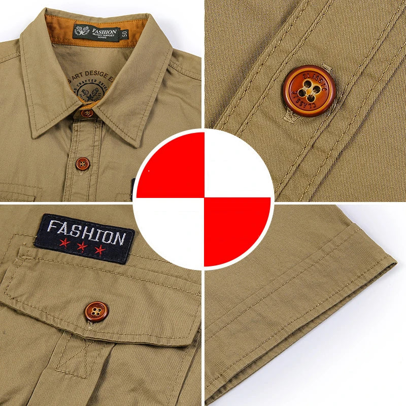 New Men's Casual Shirts Short Sleeve Pure Cotton Shirt Male Solid Oversized Military Cargo Shirts Men Clothing Shirt 5XL A2F168